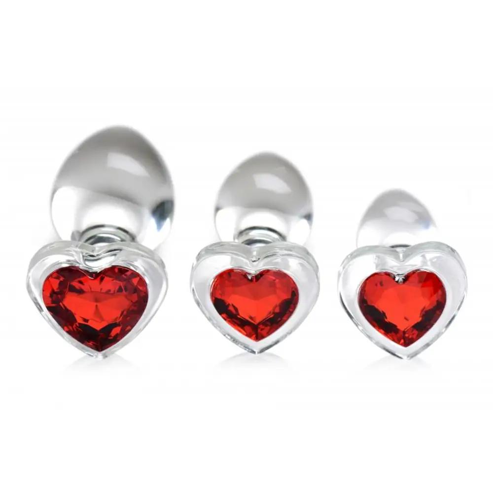 Lot de plugs anaux en verre avec pierre précieuse en forme de cœur rouge