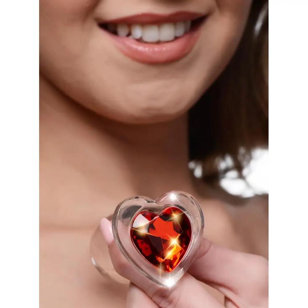 Plugs anal en verre avec pierre précieuse en forme de cœur rouge - Moyen